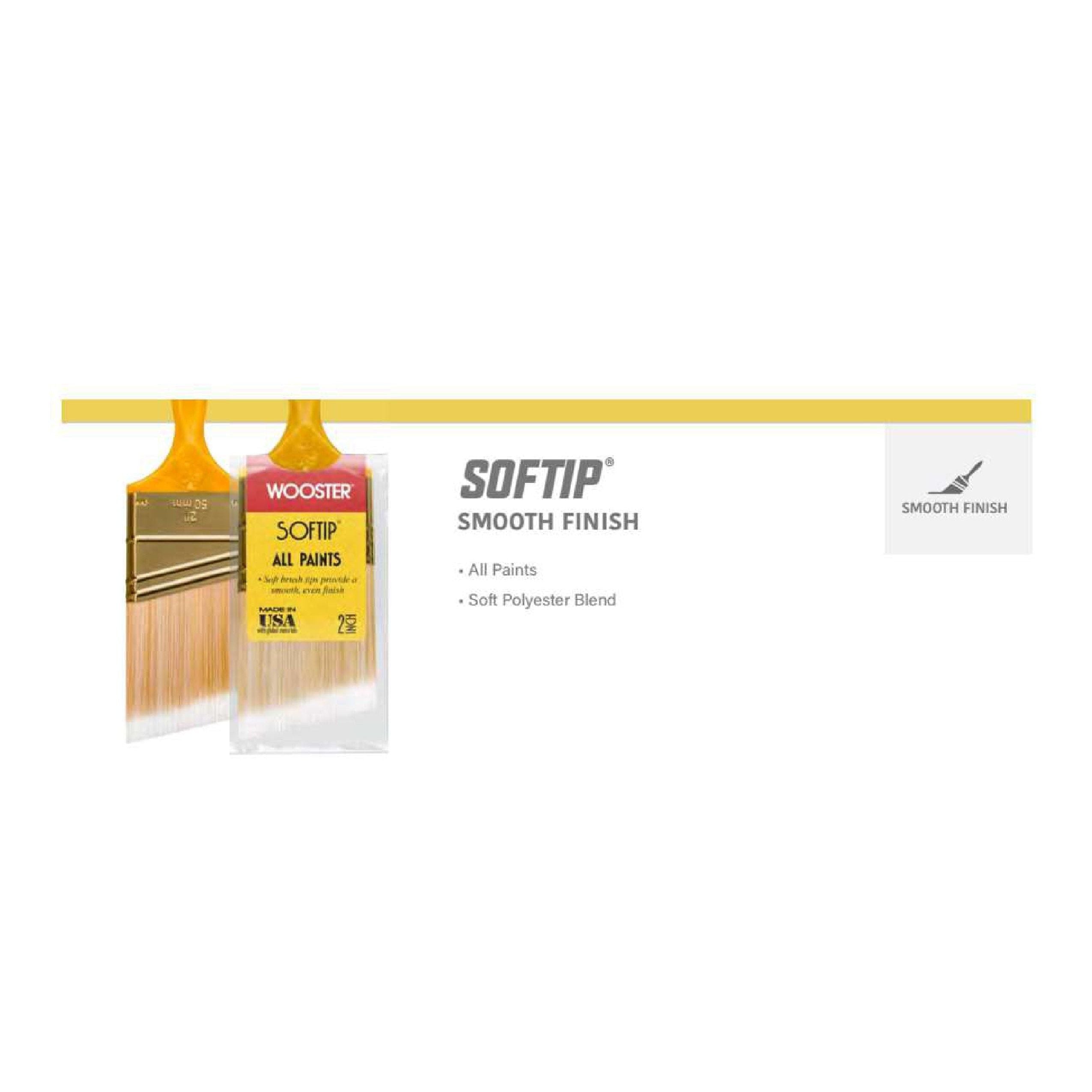 Two WOOSTER Softip White Nylon/Gold Polyester Blend Paint Brushes with yellow handles and premium bristles, ideal for precision painting. Labeled for all paints, the packaging says Smooth Finish with a silver tip brush stroke graphic on the right.